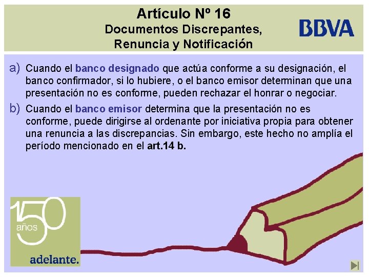 Artículo Nº 16 Documentos Discrepantes, Renuncia y Notificación a) Cuando el banco designado que