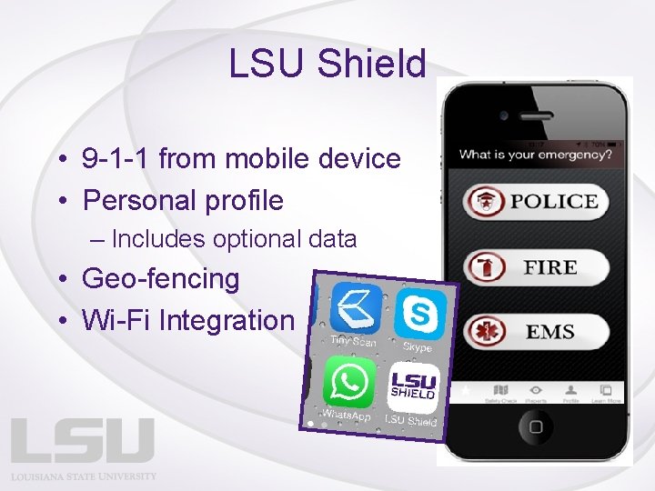 LSU Shield • 9 -1 -1 from mobile device • Personal profile – Includes