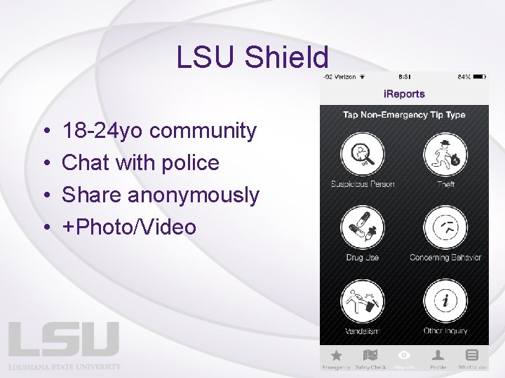 LSU Shield • • 18 -24 yo community Chat with police Share anonymously +Photo/Video