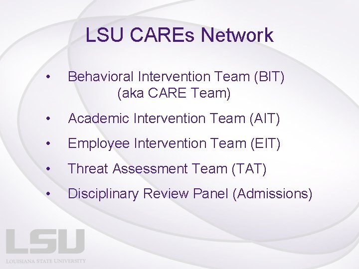 LSU CAREs Network • Behavioral Intervention Team (BIT) (aka CARE Team) • Academic Intervention