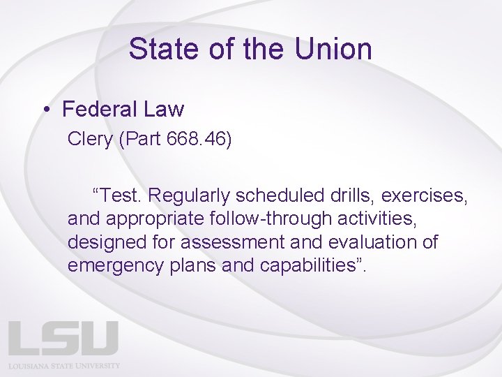 State of the Union • Federal Law Clery (Part 668. 46) “Test. Regularly scheduled