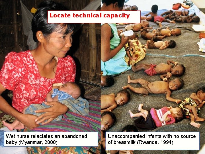 Locate technical capacity Wet nurse relactates an abandoned baby (Myanmar, 2008) Unaccompanied infants with