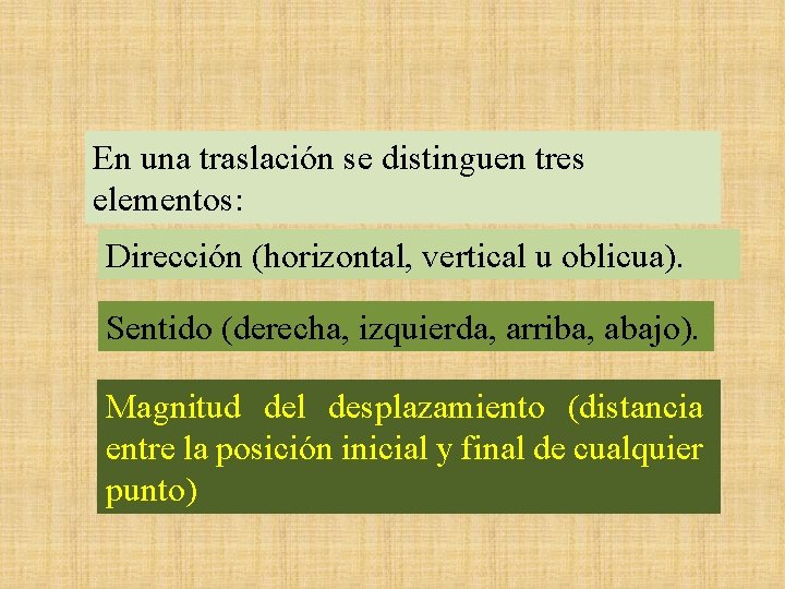 En una traslación se distinguen tres elementos: Dirección (horizontal, vertical u oblicua). Sentido (derecha,