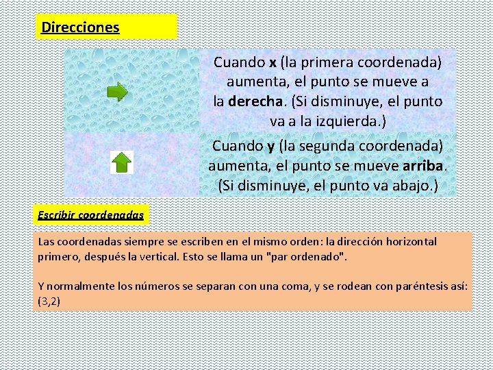 Direcciones Cuando x (la primera coordenada) aumenta, el punto se mueve a la derecha.