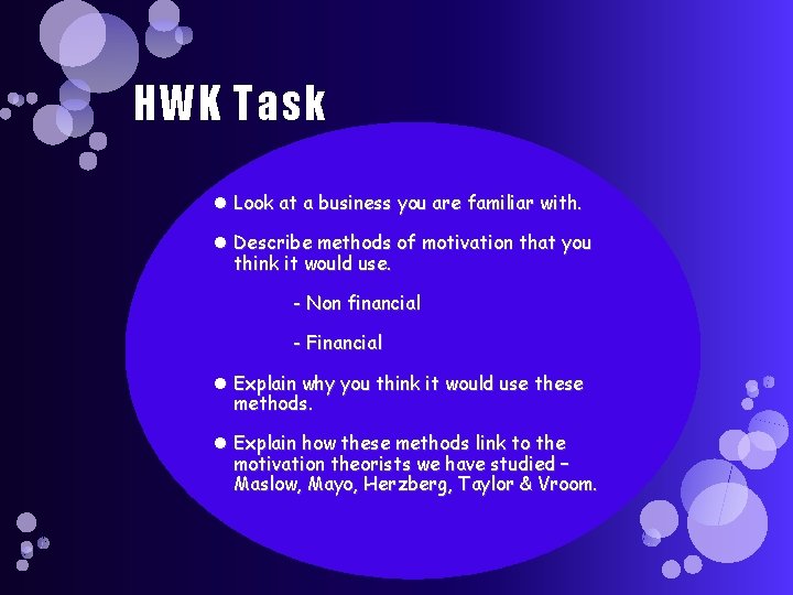 HWK Task Look at a business you are familiar with. Describe methods of motivation