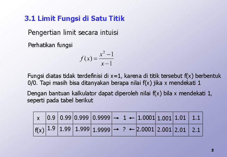 3. 1 Limit Fungsi di Satu Titik Pengertian limit secara intuisi Perhatikan fungsi Fungsi