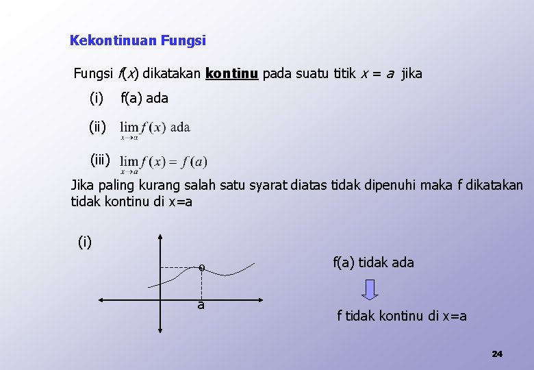 Kekontinuan Fungsi f(x) dikatakan kontinu pada suatu titik x = a jika (i) f(a)
