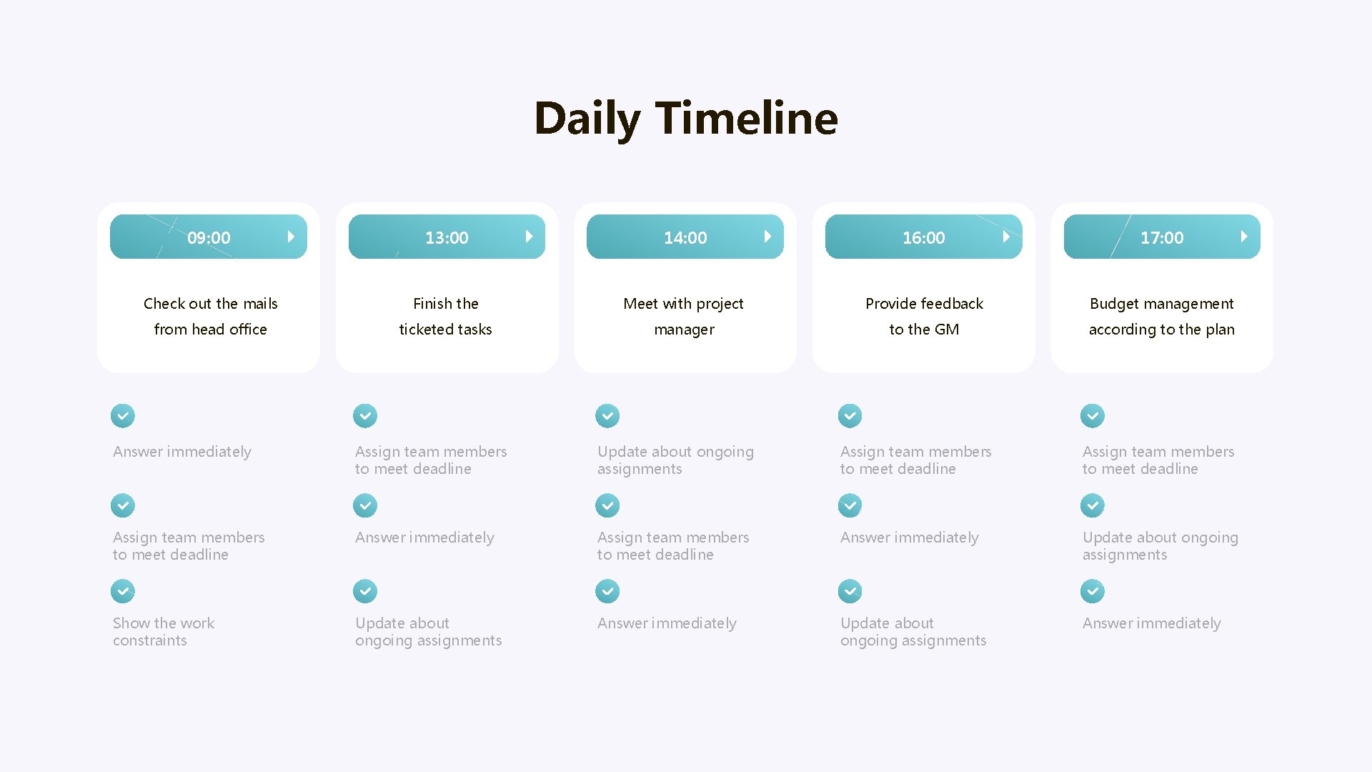 Daily Timeline 09: 00 13: 00 14: 00 16: 00 17: 00 Check out