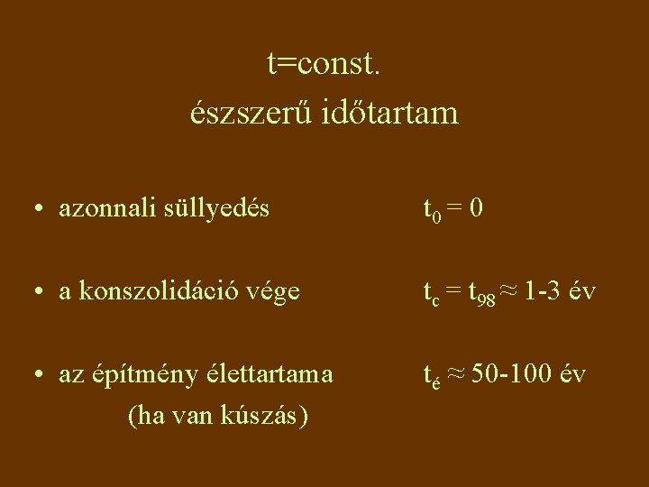 t=const. észszerű időtartam • azonnali süllyedés t 0 = 0 • a konszolidáció vége