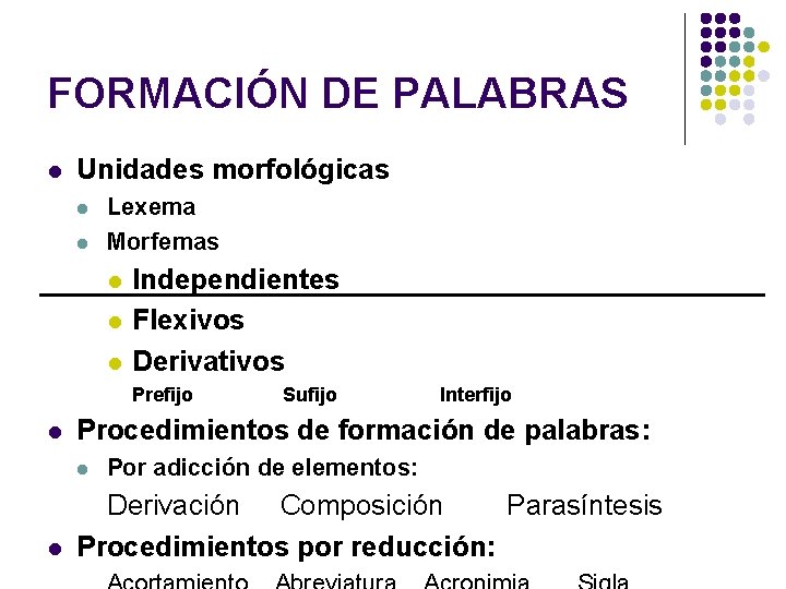 FORMACIÓN DE PALABRAS l Unidades morfológicas l l Lexema Morfemas l l l Independientes