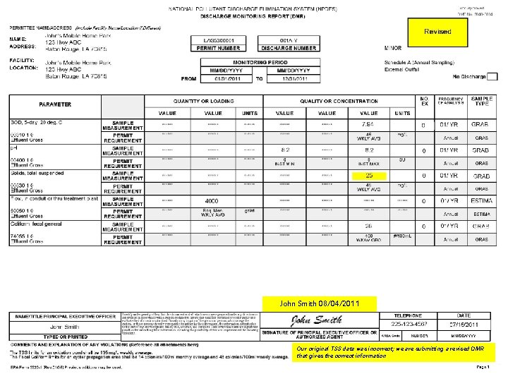 John Smith 08/04/2011 Our original TSS data was incorrect; we are submitting a revised John Smith 08/04/2011 Our original TSS data was incorrect; we are submitting a revised