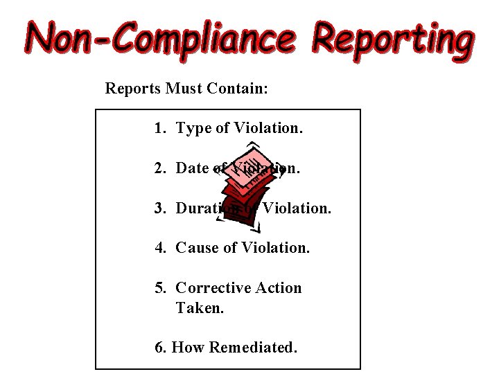 Reports Must Contain: 1. Type of Violation. 2. Date of Violation. 3. Duration of Reports Must Contain: 1. Type of Violation. 2. Date of Violation. 3. Duration of