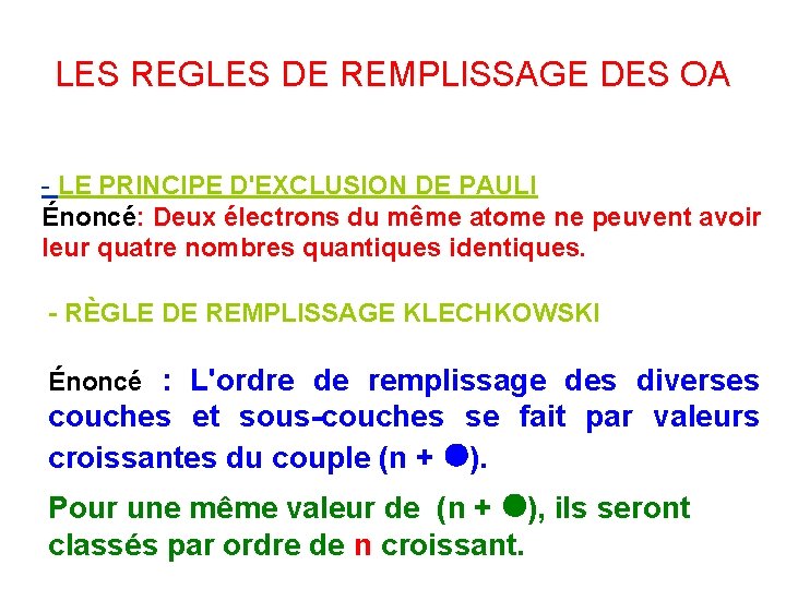 LES REGLES DE REMPLISSAGE DES OA - LE PRINCIPE D'EXCLUSION DE PAULI Énoncé: Deux