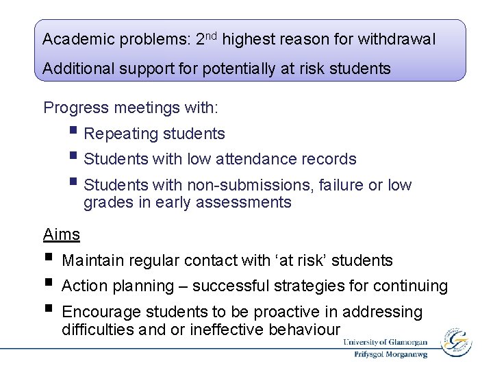 Academic problems: 2 nd highest reason for withdrawal Additional support for potentially at risk
