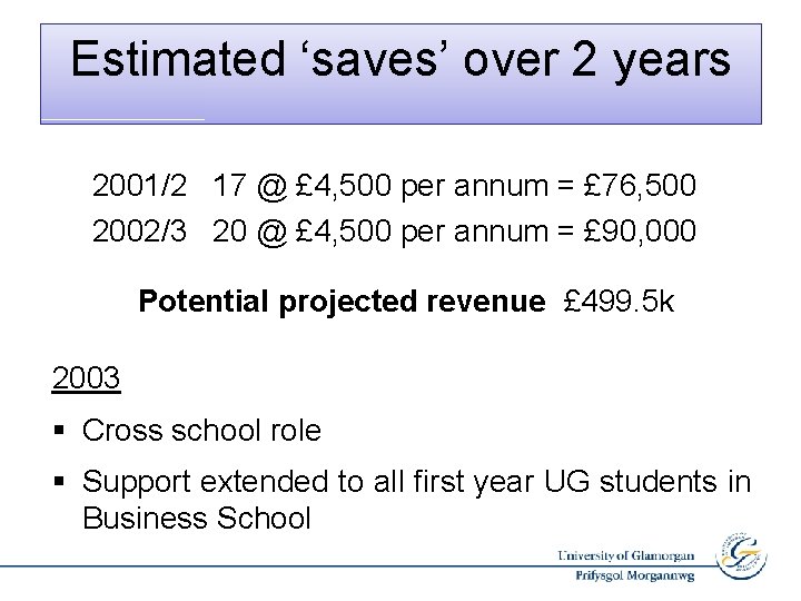 Estimated ‘saves’ over 2 years 2001/2 17 @ £ 4, 500 per annum =