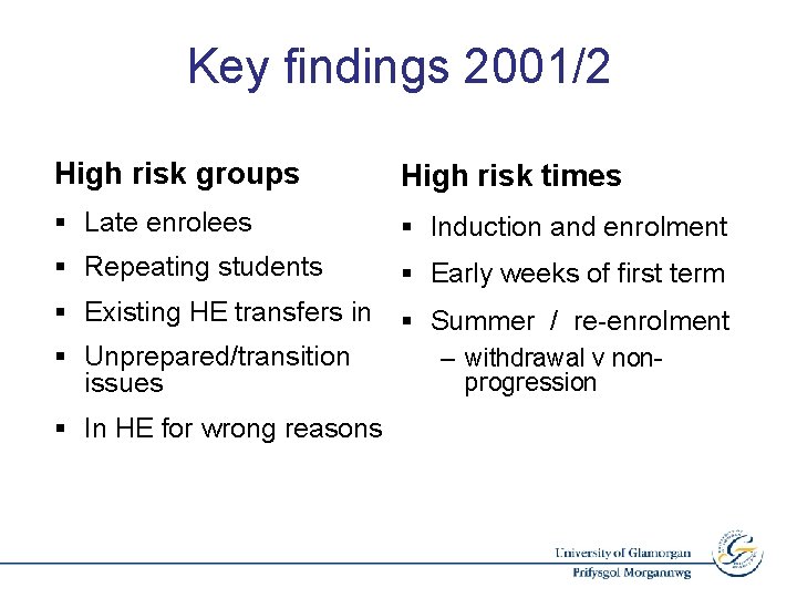 Key findings 2001/2 High risk groups High risk times § Late enrolees § Induction