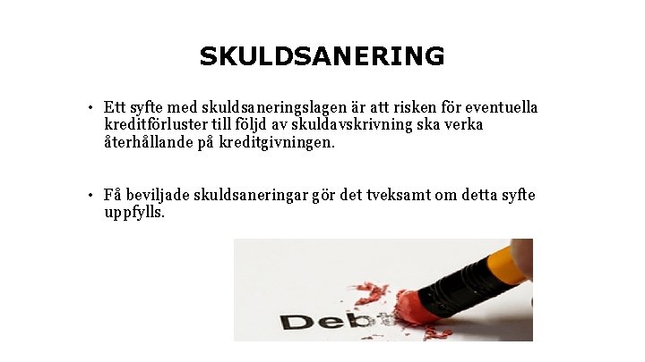 SKULDSANERING • Ett syfte med skuldsaneringslagen är att risken för eventuella kreditförluster till följd