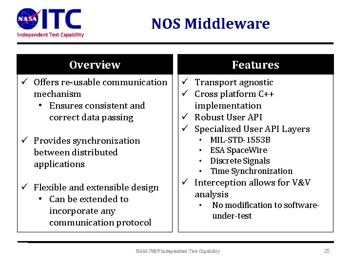 NOS Middleware Overview Features ü Offers re-usable communication mechanism • Ensures consistent and correct