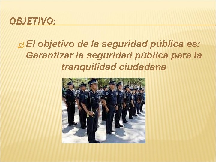 OBJETIVO: El objetivo de la seguridad pública es: Garantizar la seguridad pública para la