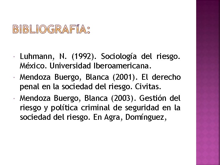  Luhmann, N. (1992). Sociología del riesgo. México. Universidad Iberoamericana. Mendoza Buergo, Blanca (2001).