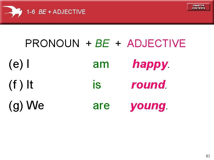 1 -6 BE + ADJECTIVE PRONOUN + BE + ADJECTIVE (e) I am happy.