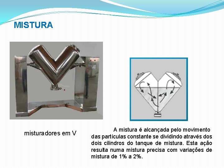 MISTURA misturadores em V A mistura é alcançada pelo movimento das partículas constante se