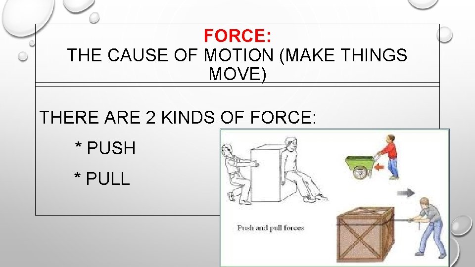 FORCE: THE CAUSE OF MOTION (MAKE THINGS MOVE) THERE ARE 2 KINDS OF FORCE: