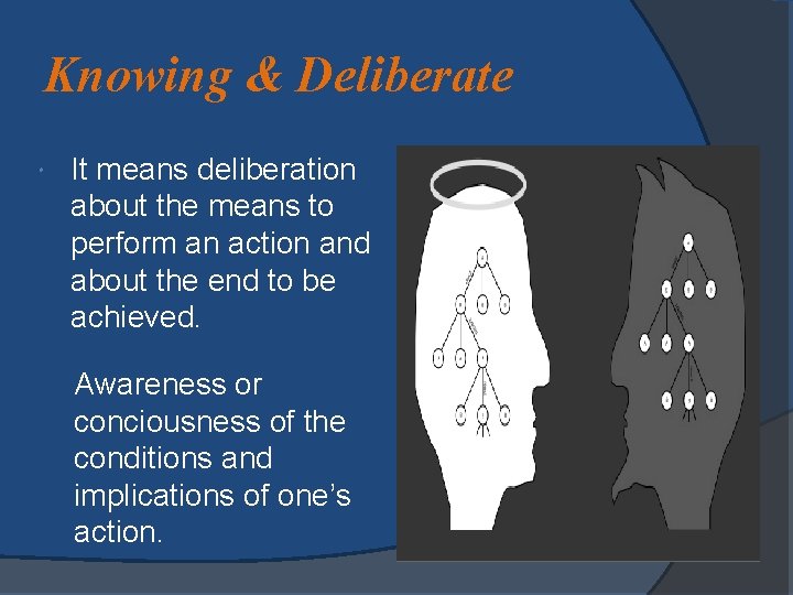 Knowing & Deliberate It means deliberation about the means to perform an action and