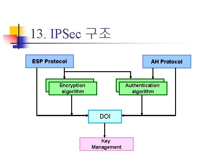 13. IPSec 구조 ESP Protocol AH Protocol Encryption algorithm Authentication algorithm DOI Key Management