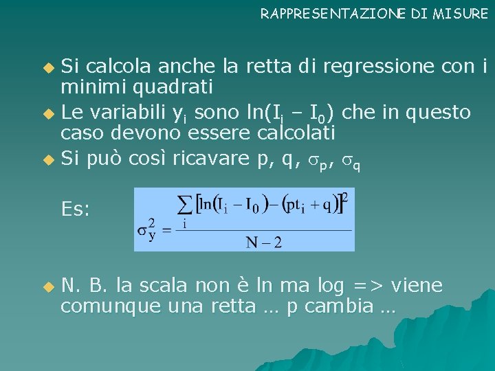 RAPPRESENTAZIONE DI MISURE Si calcola anche la retta di regressione con i minimi quadrati