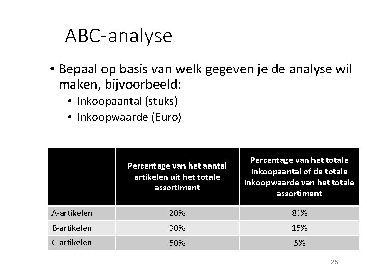 ABC-analyse • Bepaal op basis van welk gegeven je de analyse wil maken, bijvoorbeeld: