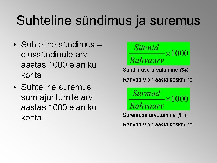 Suhteline sündimus ja suremus • Suhteline sündimus – elussündinute arv aastas 1000 elaniku kohta Suhteline sündimus ja suremus • Suhteline sündimus – elussündinute arv aastas 1000 elaniku kohta