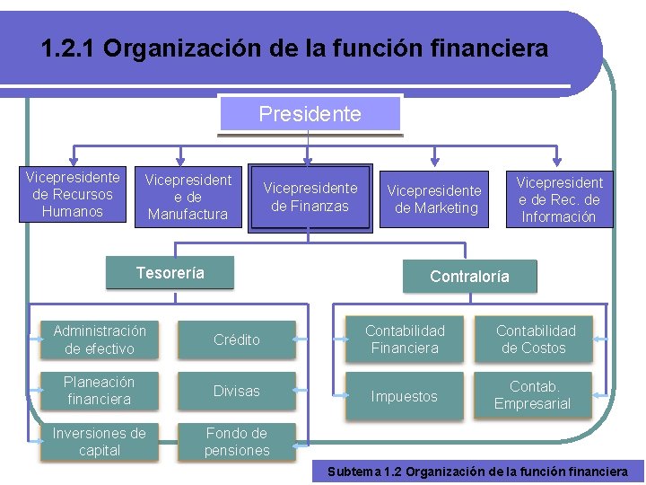 1. 2. 1 Organización de la función financiera Presidente Vicepresidente de Recursos Humanos Vicepresident