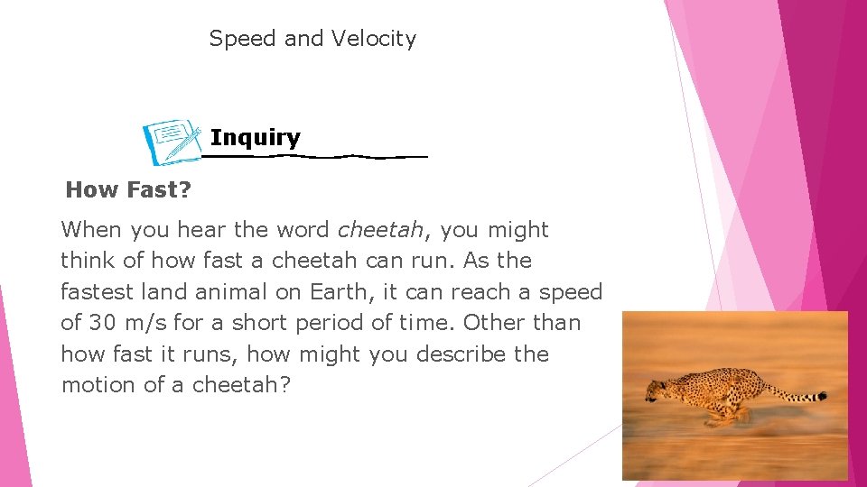 LESSON Speed and Velocity Inquiry How Fast? When you hear the word cheetah, you
