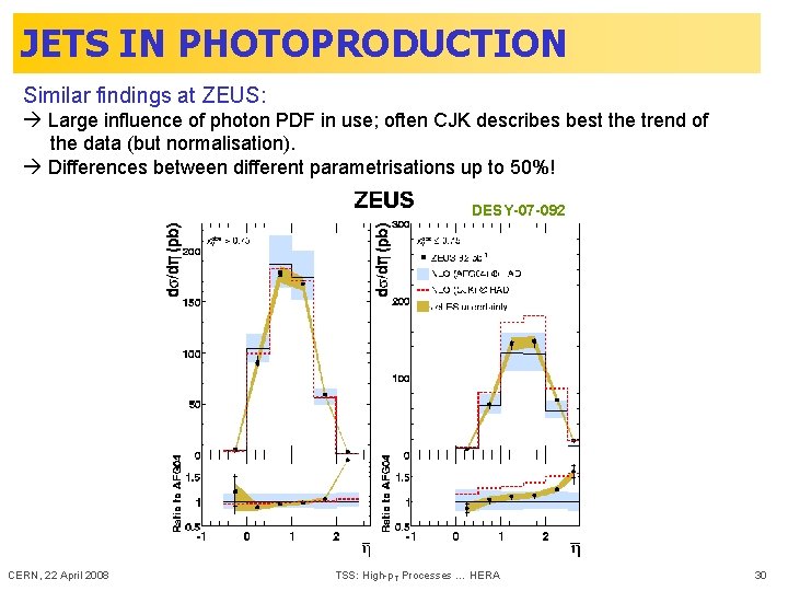 JETS IN PHOTOPRODUCTION Similar findings at ZEUS: Large influence of photon PDF in use;