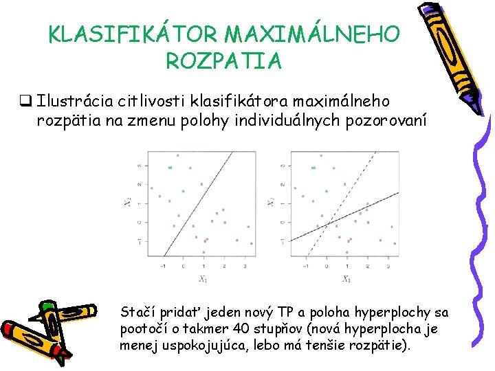 KLASIFIKÁTOR MAXIMÁLNEHO ROZPATIA q Ilustrácia citlivosti klasifikátora maximálneho rozpätia na zmenu polohy individuálnych pozorovaní