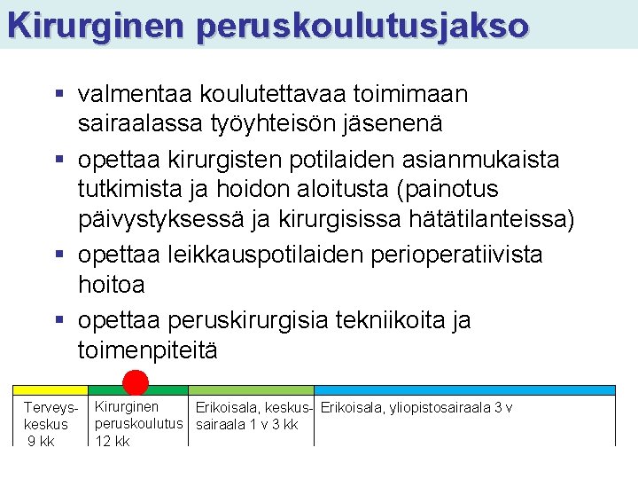 Kirurginen peruskoulutusjakso § valmentaa koulutettavaa toimimaan sairaalassa työyhteisön jäsenenä § opettaa kirurgisten potilaiden asianmukaista Kirurginen peruskoulutusjakso § valmentaa koulutettavaa toimimaan sairaalassa työyhteisön jäsenenä § opettaa kirurgisten potilaiden asianmukaista