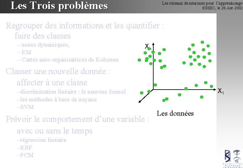 Les Trois problèmes Les réseaux de neurones pour l’apprentissage ESSEC, le 28 Juin 2002