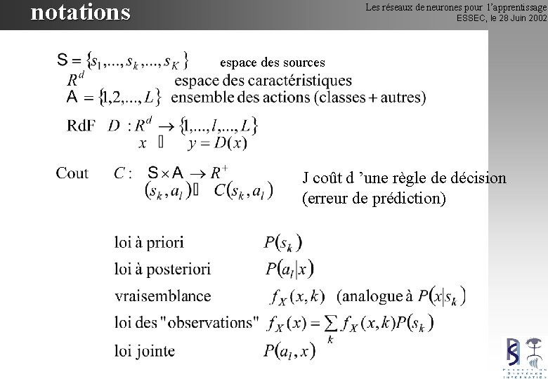 notations Les réseaux de neurones pour l’apprentissage ESSEC, le 28 Juin 2002 espace des