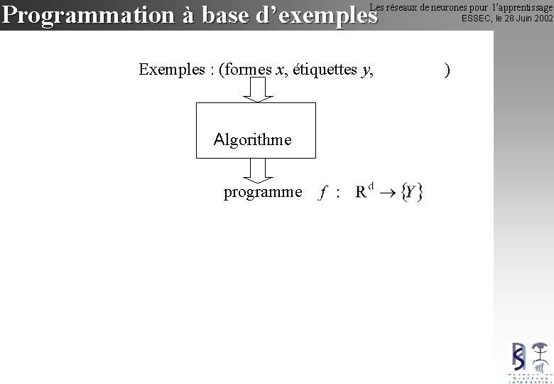 Programmation à base d’exemples Les réseaux de neurones pour l’apprentissage Exemples : (formes x,