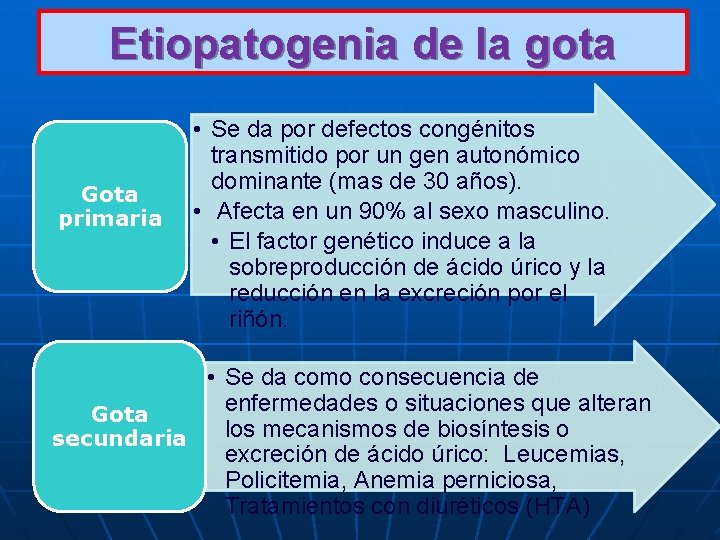 Etiopatogenia de la gota Gota primaria • Se da por defectos congénitos transmitido por