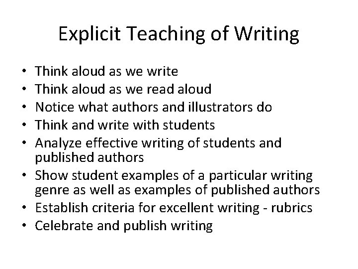 Explicit Teaching of Writing Think aloud as we write Think aloud as we read