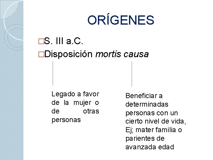 ORÍGENES �S. III a. C. �Disposición mortis causa Legado a favor de la mujer