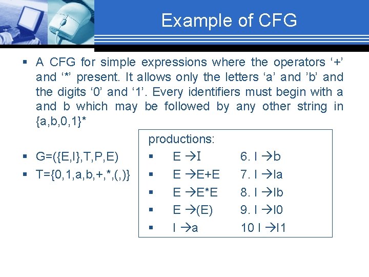 Example of CFG § A CFG for simple expressions where the operators ‘+’ and