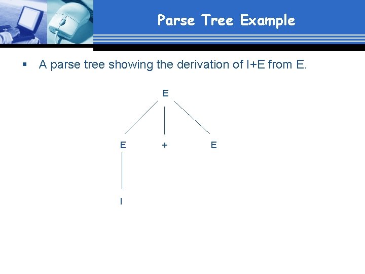 Parse Tree Example § A parse tree showing the derivation of I+E from E.