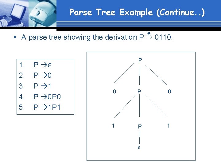 Parse Tree Example (Continue. . ) * § A parse tree showing the derivation