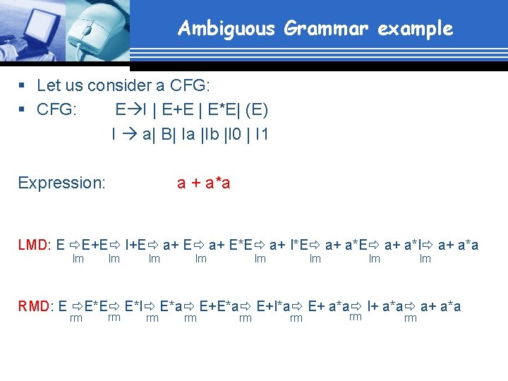 Ambiguous Grammar example § Let us consider a CFG: § CFG: E I |