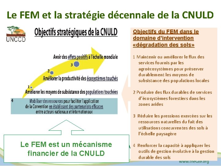 Le FEM et la stratégie décennale de la CNULD Objectifs du FEM dans le