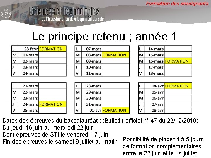 Formation des enseignants Le principe retenu ; année 1 Dates des épreuves du baccalauréat