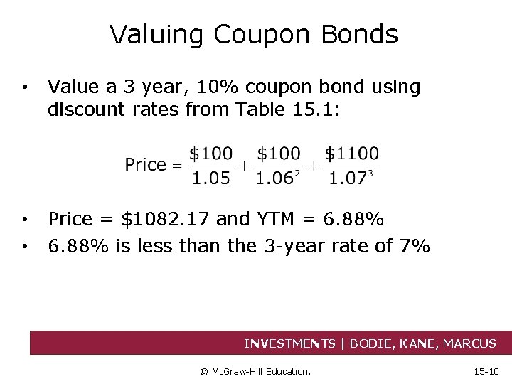 Valuing Coupon Bonds • Value a 3 year, 10% coupon bond using discount rates